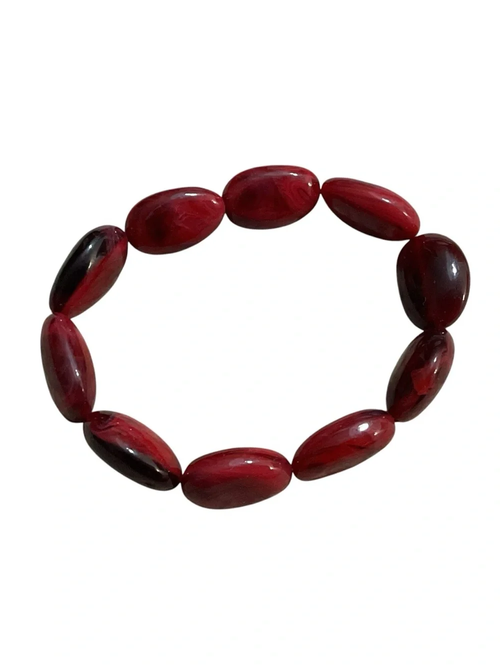 Marbled Ruby Red Oval Bead Stretch Bracelet Chunky Statement Jewelry